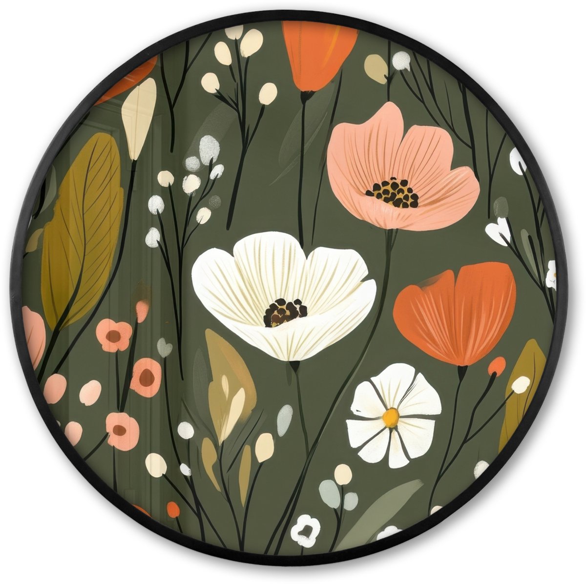 FrameYourWall Poster in lijst Rond - Fotolijst 80x80 cm - Posters - Bloemen - Illustratie - Groen - Ronde posterlijst zwart - Decoratie - Wanddecoratie woonkamer - Muurdecoratie slaapkamer