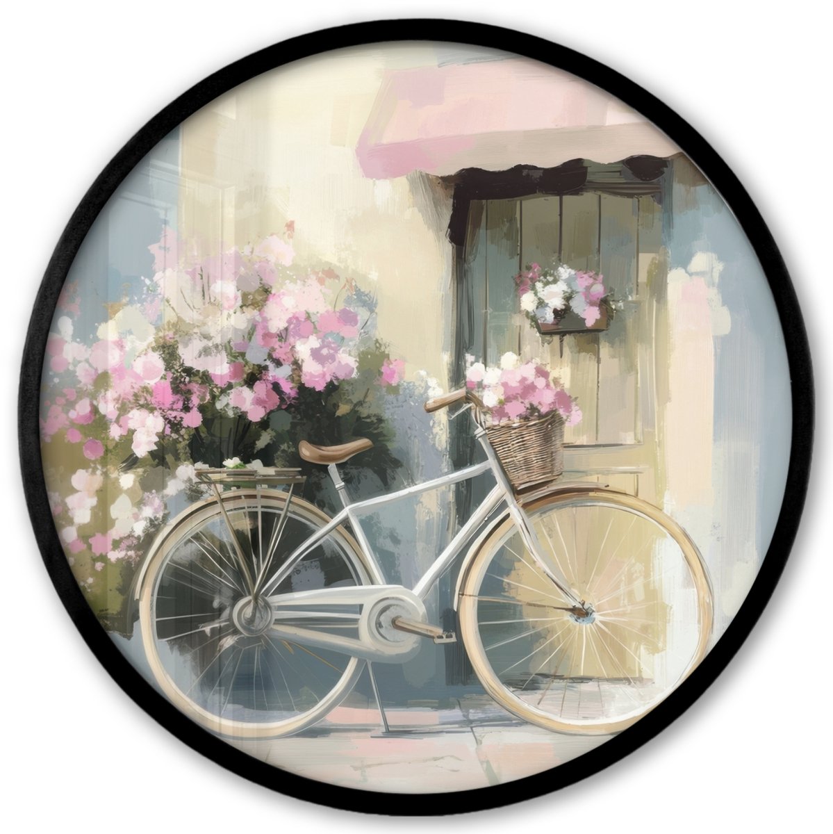 FrameYourWall Poster in lijst Rond - Fotolijst 40x40 cm - Posters - Fiets - Pastelkleuren - Bloemen - Ronde posterlijst zwart - Decoratie - Wanddecoratie woonkamer - Muurdecoratie slaapkamer Landschap - Fiets