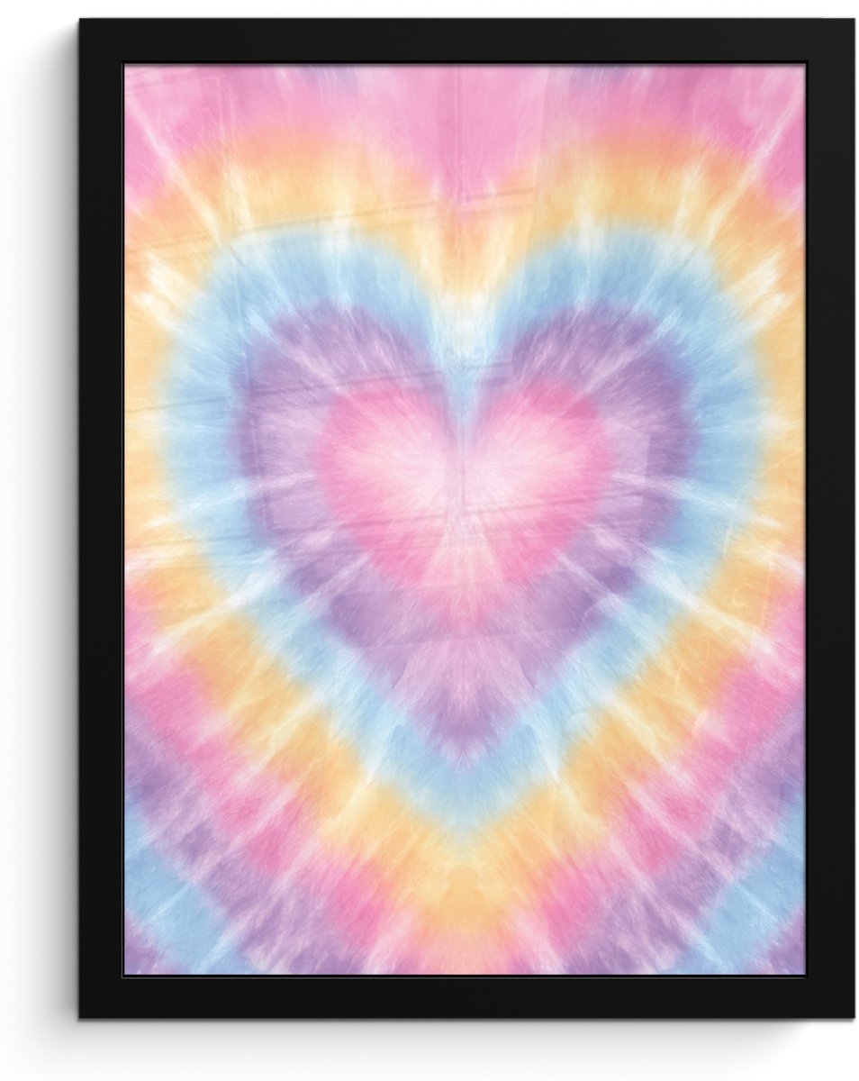 FrameYourWall Poster in lijst - Fotolijst 30x40 cm - Posters - Hartvorm - Pastelkleuren - Tie Dye - Posterlijst zwart - Decoratie - Wanddecoratie woonkamer - Muurdecoratie slaapkamer Multicolor