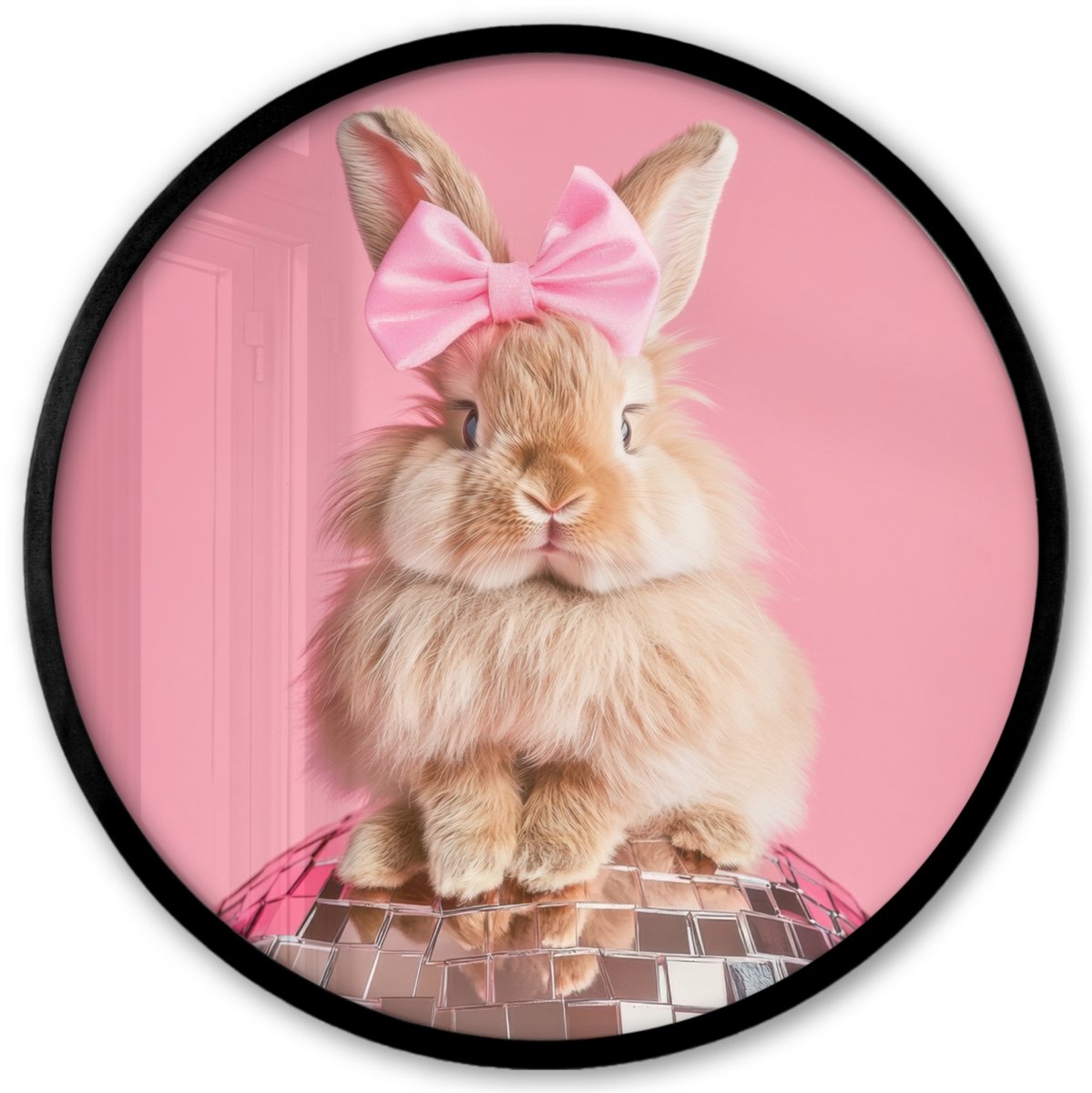 FrameYourWall Poster in lijst Rond - Fotolijst 40x40 cm - Posters - Strik - Discobal - Konijn - Ronde posterlijst zwart - Decoratie - Wanddecoratie woonkamer - Muurdecoratie slaapkamer Konijn - Disco
