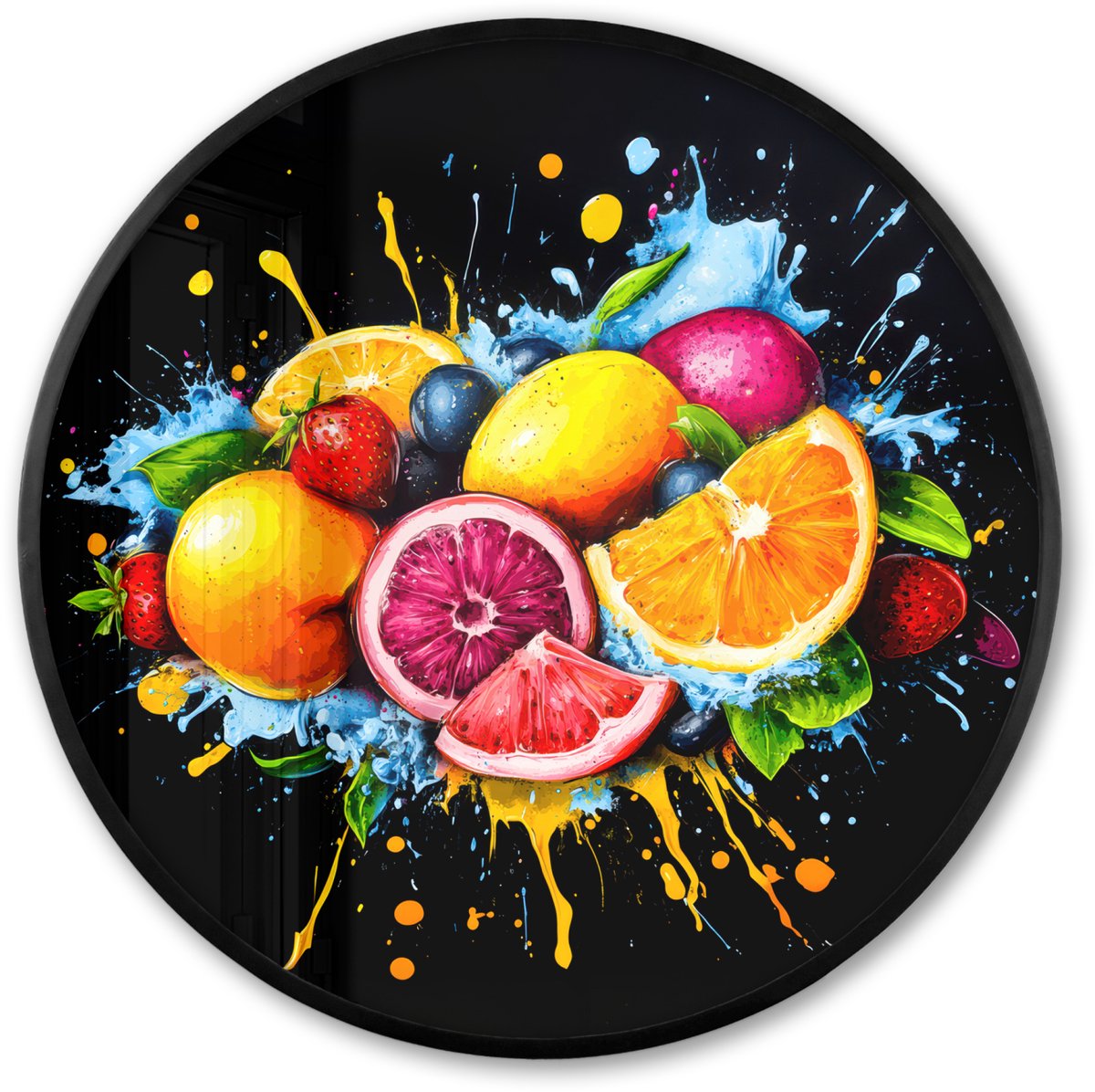 FrameYourWall Poster in lijst Rond - Fotolijst 80x80 cm - Posters - Fruit - Graffiti - Kleurrijk - Sinaasappel - Aardbei - Abstract - Ronde posterlijst zwart - Decoratie - Wanddecoratie woonkamer - Muurdecoratie slaapkamer Graffiti - Fruit
