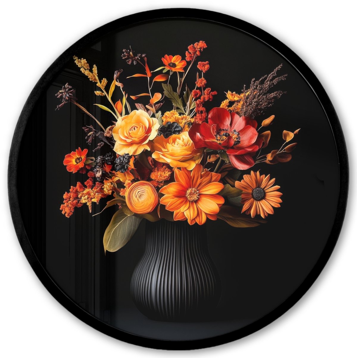 FrameYourWall Poster in lijst Rond - Fotolijst 40x40 cm - Posters - Herfst - Boeket - Oranje - Ronde posterlijst zwart - Decoratie - Wanddecoratie woonkamer - Muurdecoratie slaapkamer Boeket - Bloemen 1