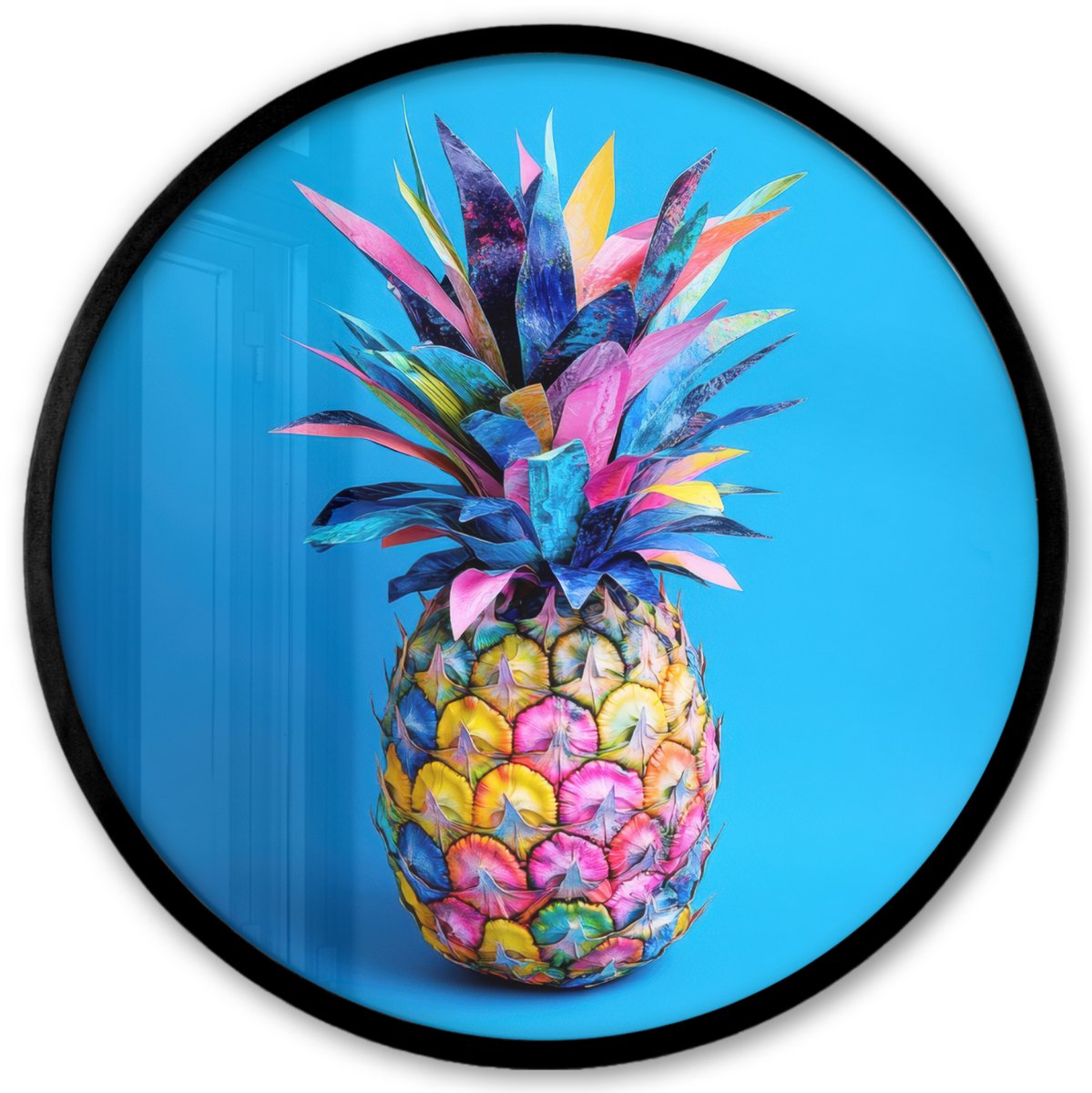 FrameYourWall Poster in lijst Rond - Fotolijst 40x40 cm - Posters - Ananas - Blauw - Tropisch - Vrolijk - Ronde posterlijst zwart - Decoratie - Wanddecoratie woonkamer - Muurdecoratie slaapkamer Ananas - Tropisch