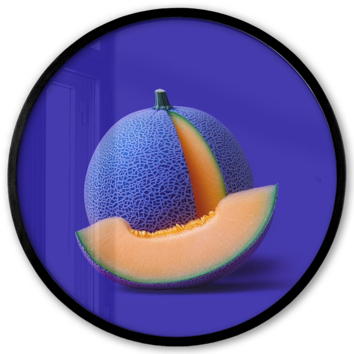 FrameYourWall Poster in lijst Rond - Fotolijst 40x40 cm - Posters - Meloen - Blauw - Oranje - Kunstzinnig - Ronde posterlijst zwart - Decoratie - Wanddecoratie woonkamer - Muurdecoratie slaapkamer
