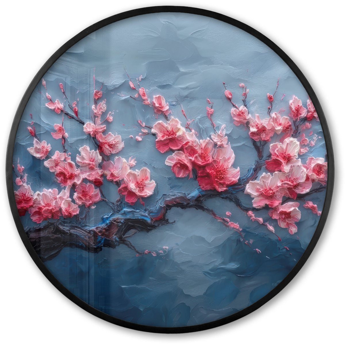 FrameYourWall Poster in lijst Rond - Fotolijst 60x60 cm - Posters - Bloesem - Bloem - Roze - Tak - Ronde posterlijst zwart - Decoratie - Wanddecoratie woonkamer - Muurdecoratie slaapkamer Bloesem - Tak