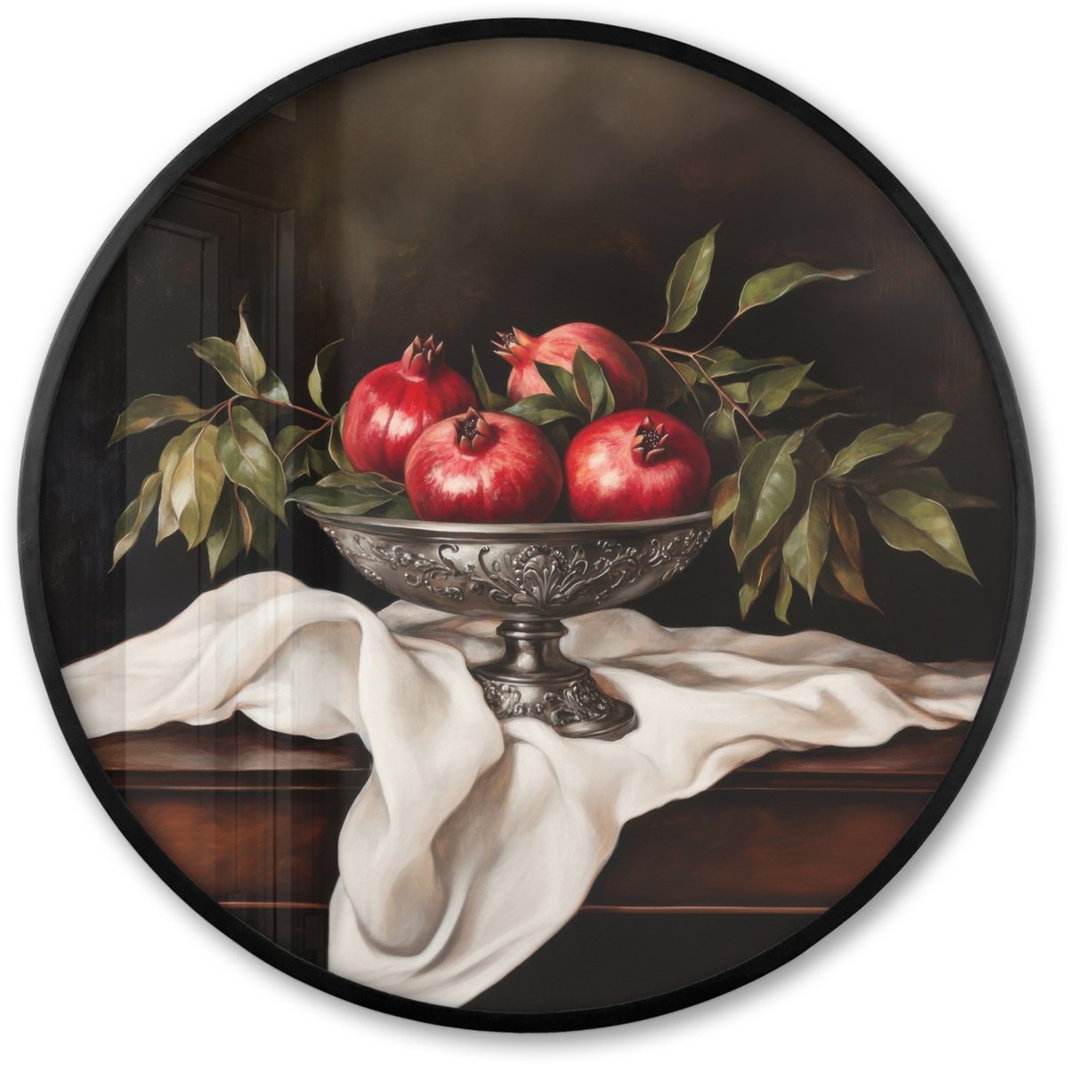 FrameYourWall Poster in lijst Rond - Fotolijst 80x80 cm - Posters - Granaatappels - Klassiek - Vintage - Ronde posterlijst zwart - Decoratie - Wanddecoratie woonkamer - Muurdecoratie slaapkamer Granaatappels - Stilleven