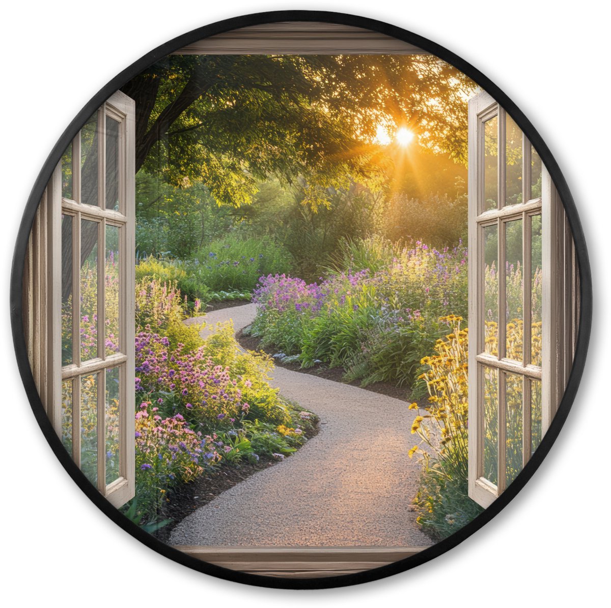 FrameYourWall Poster in lijst Rond - Fotolijst 60x60 cm - Posters - Doorkijk - Bloemen - Natuur - Zon - Pad - Ronde posterlijst zwart - Decoratie - Wanddecoratie woonkamer - Muurdecoratie slaapkamer