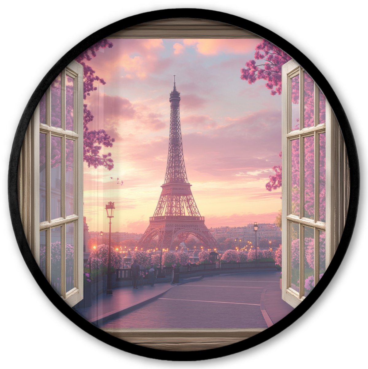 FrameYourWall Poster in lijst Rond - Fotolijst 40x40 cm - Posters - Doorkijk - Parijs - Eiffeltoren - Roze - Kersenbloesem - Ronde posterlijst zwart - Decoratie - Wanddecoratie woonkamer - Muurdecoratie slaapkamer
