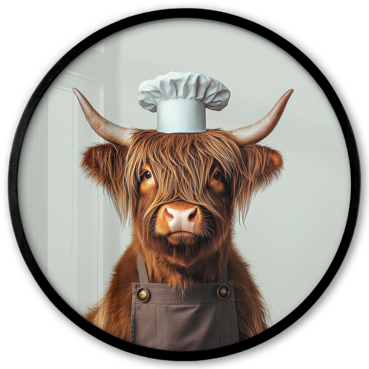 FrameYourWall Poster in lijst Rond - Fotolijst 40x40 cm - Posters - Schotse Hooglander - Bruin - Hoorns - Kokskleding - Ronde posterlijst zwart - Decoratie - Wanddecoratie woonkamer - Muurdecoratie slaapkamer