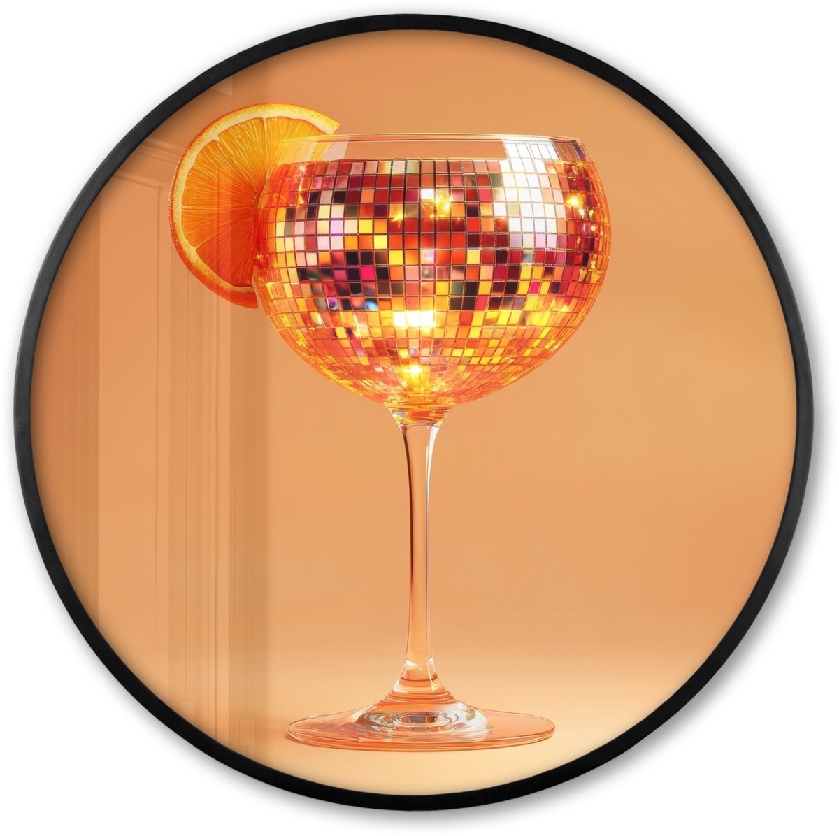 FrameYourWall Poster in lijst Rond - Fotolijst 60x60 cm - Posters - Drank - Oranje - Glitter - Disco - Ronde posterlijst zwart - Decoratie - Wanddecoratie woonkamer - Muurdecoratie slaapkamer Disco - Cocktail