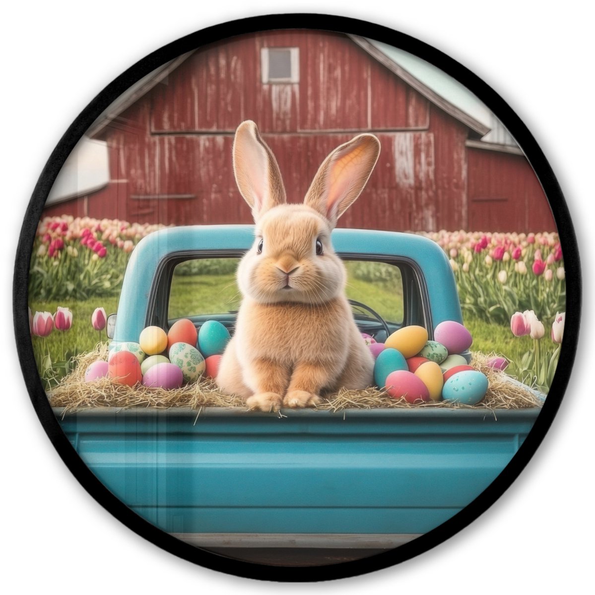 FrameYourWall Poster in lijst Rond - Fotolijst 40x40 cm - Posters - Konijn - Boerderij - Eieren - Ronde posterlijst zwart - Decoratie - Wanddecoratie woonkamer - Muurdecoratie slaapkamer