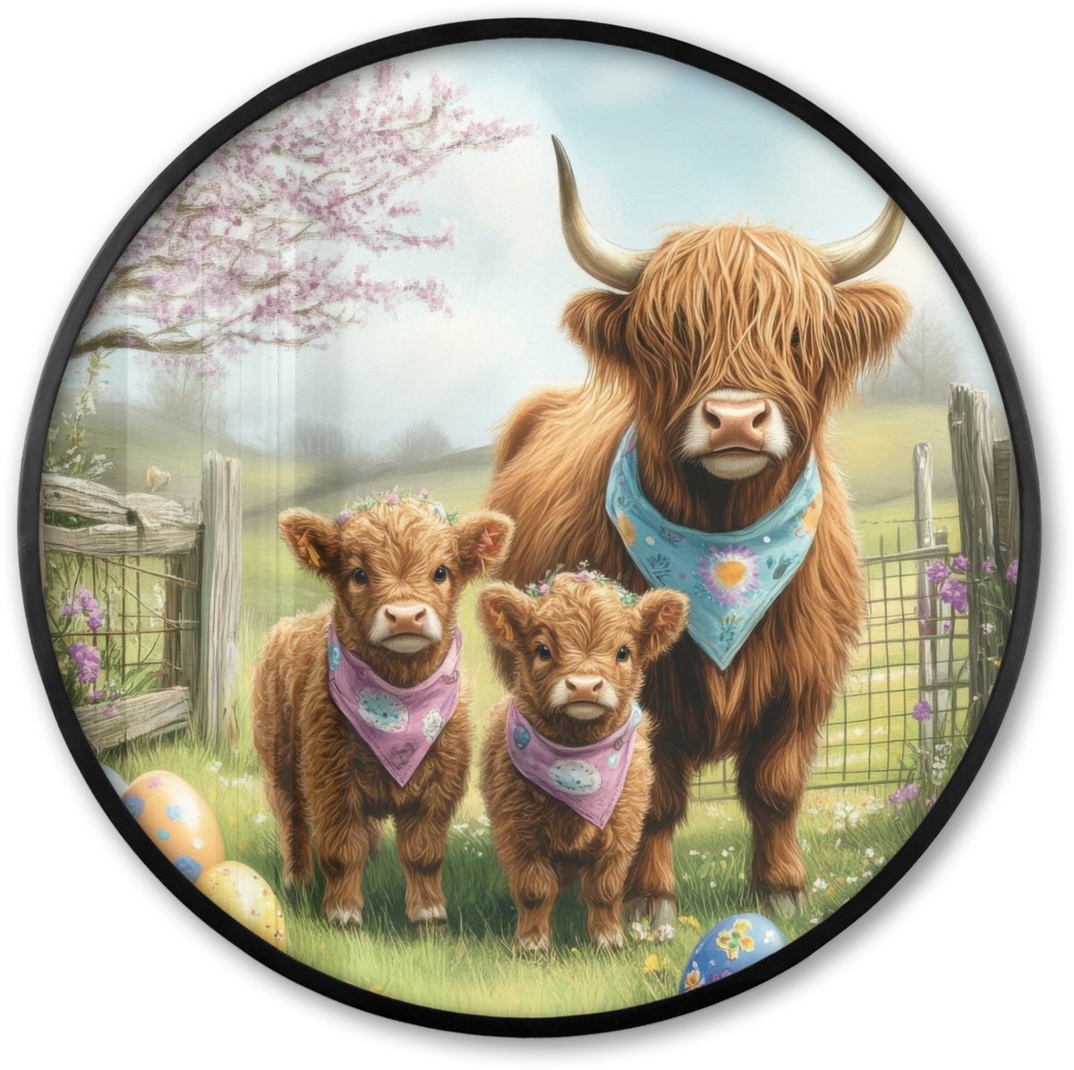 FrameYourWall Poster in lijst Rond - Fotolijst 80x80 cm - Posters - Schotsehooglanders - Paaseieren - Lente - Ronde posterlijst zwart - Decoratie - Wanddecoratie woonkamer - Muurdecoratie slaapkamer Schotse hooglanders - Pasen