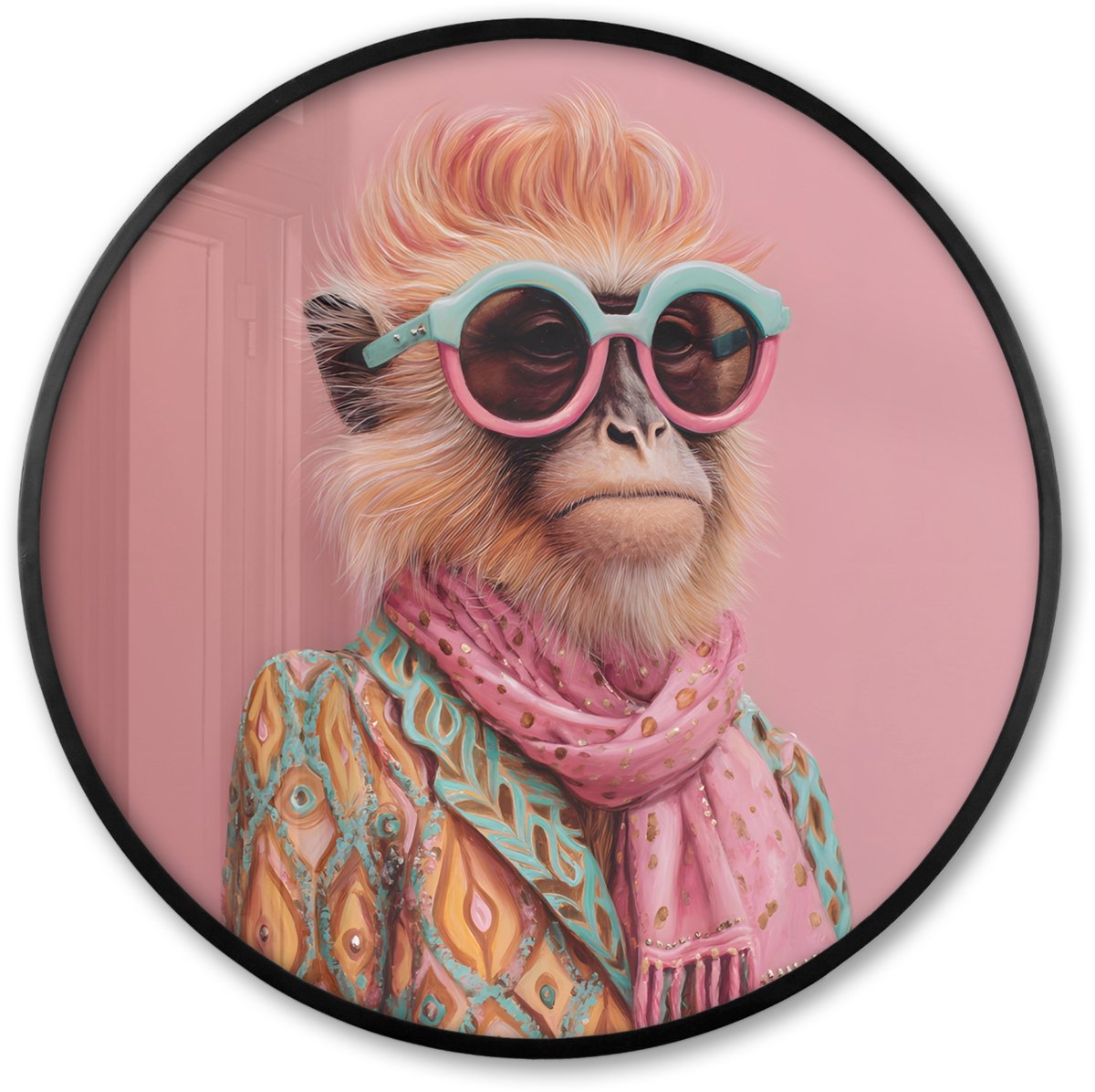 FrameYourWall Poster in lijst Rond - Fotolijst 60x60 cm - Posters - Sjaal - Aap - Zonnebril - Jasje - Ronde posterlijst zwart - Decoratie - Wanddecoratie woonkamer - Muurdecoratie slaapkamer