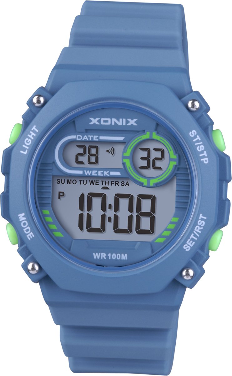 Xonix-herenhorloge-digitaal-alarm-datum- stopwatch-licht-100 meter waterdicht-diameter 40 mm-blauw-groen