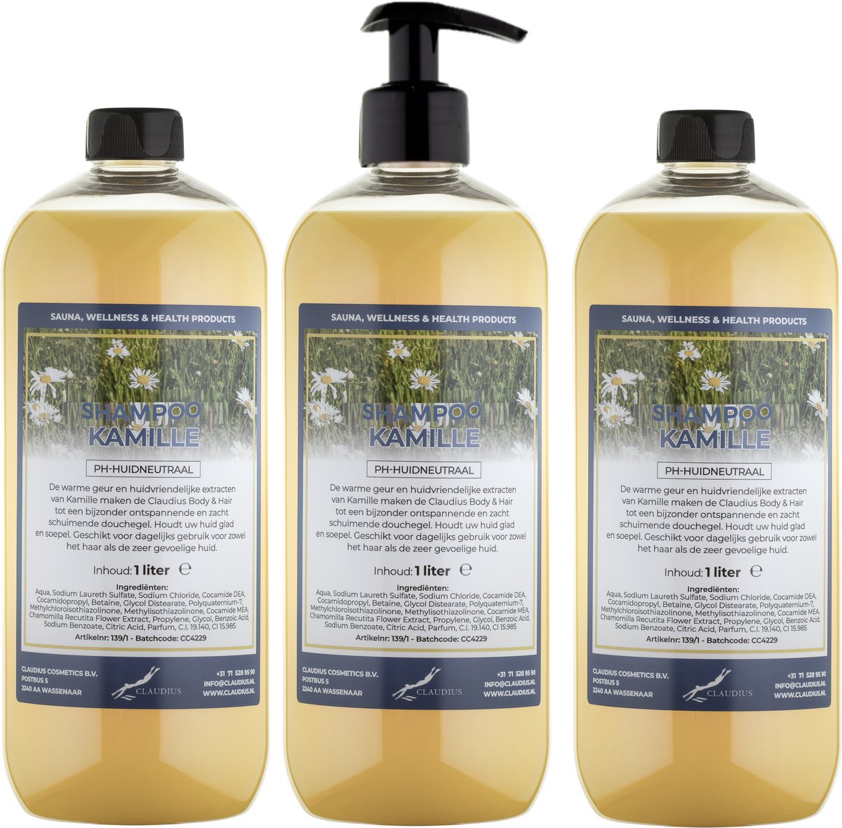 Shampoo Kamille - 1 liter (transparant) - 3 Stuks - met pomp - Voordeelverpakking - Haarverzorging