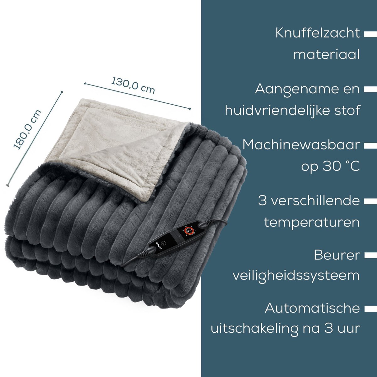 Beurer Elektrische Deken Premium - Warmtedeken - 1 persoons 180x130cm - Knuffeldeken - BSS (Beurer Safety System) - Grijs - 3 Jaar Garantie – foto 6