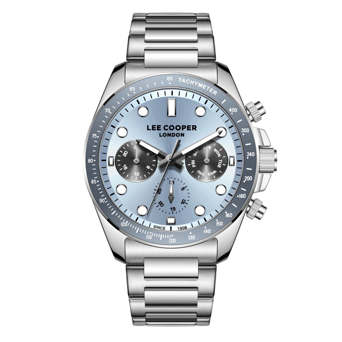 Lee Cooper LC08215.300 - Horloge - Polshorloge - Analoog - Heren - Mannen - Stalen band - Metaal - Rond - Strepen - Bolletjes - Cijfers - Kalender - Dagaanduiding - Dual time - 12-24 - Tachymeter - Zilverkleurig - Lichtblauw - Wit - Zwart