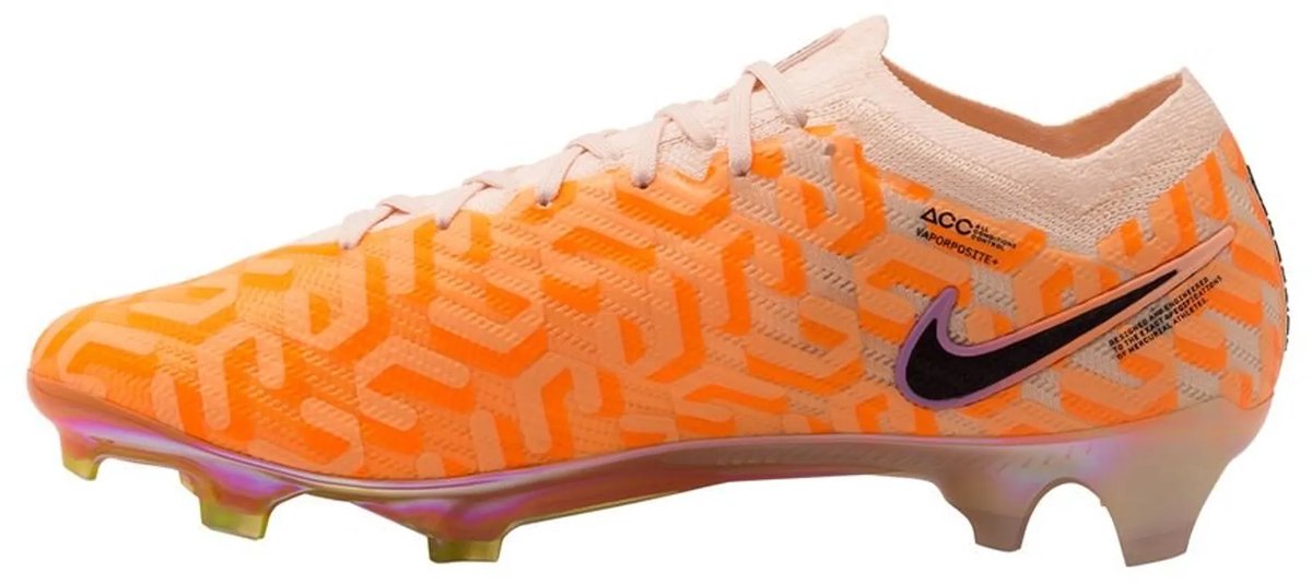 Nike Air Zoom Mercurial Vapor Elite NU FG voetbalschoenen in maat 45, oranje met zwart logo en opvallend patroon.