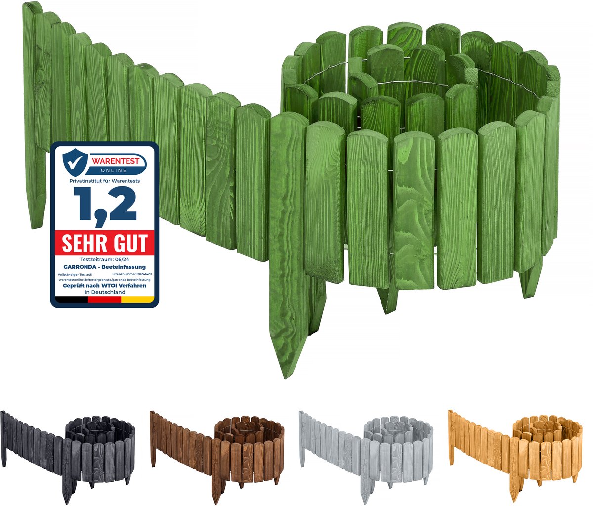 Garronda Rollborder - Flexibele houten - Gazonafscheiding - Palissade padenafscheiding - kan worden ingekort - Donkergroen - Hoogte: 40 cm, hekje 200 cm