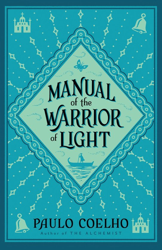 Boek kaft met de titel 'MANUAL of the WARRIOR of LIGHT' door PAULO COELHO in blauwgroene tinten en decoratieve patronen.