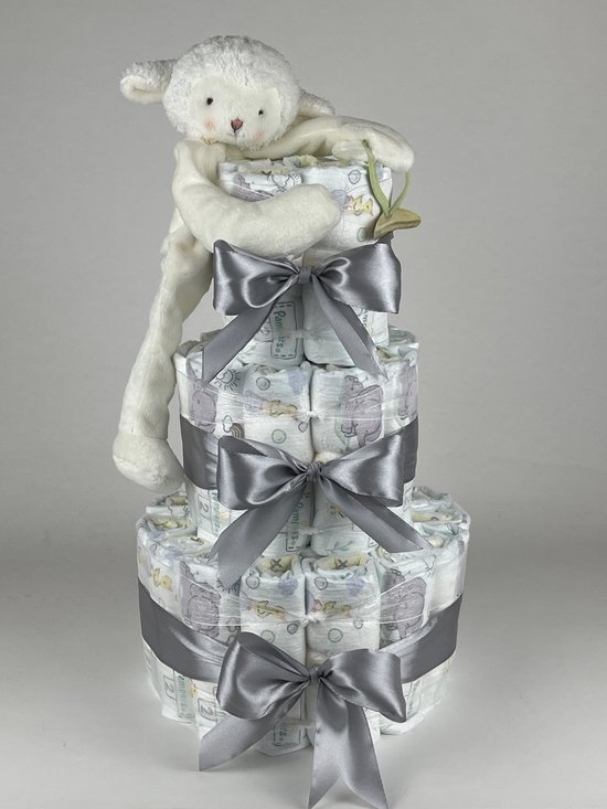 Foto: Chouette chouette luiertaart neutraal kraamcadeau geboorte jongen meisje babyshower bunnies by the bay speenknuffel lammetje grijs