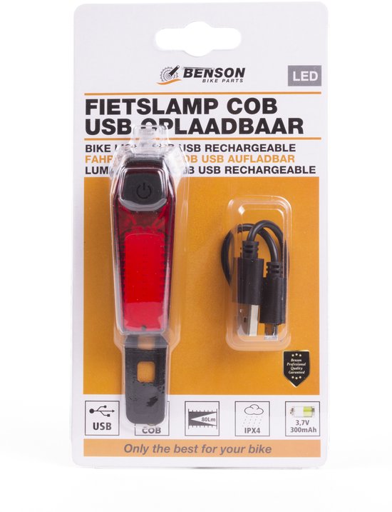Benson Fietslamp met USB-oplader - COB LED - Rood - 80 Lumen - Waterdicht — afbeelding 3