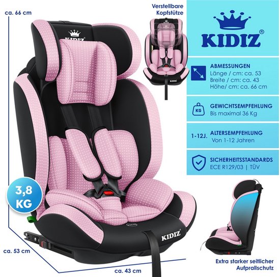 KIDIZ® Autostoel Driehoek Premium Kinderzitje Autostoeltje | Autostoelschaal | 9 kg - 36 roze