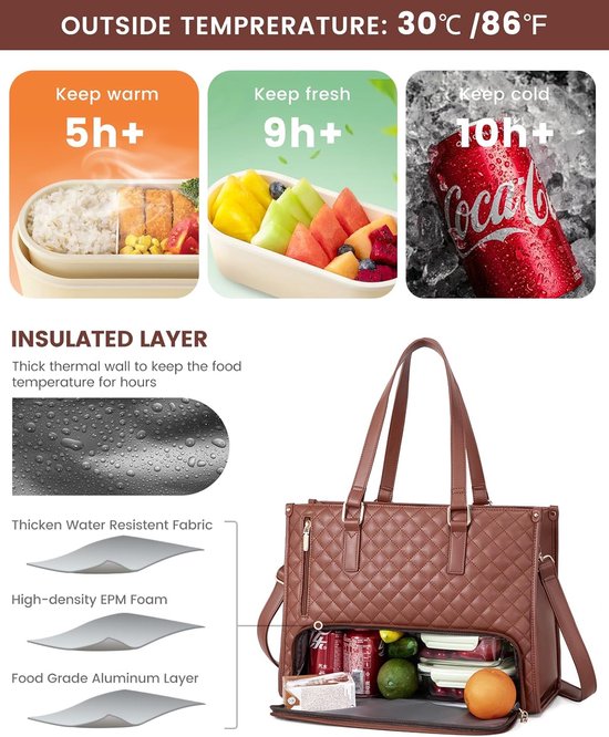 Lunchtas voor dames, 15,6 inch laptoptas met geïsoleerd lunchvak, grote laptoptas met portemonnee voor zaken, werk, verpleegkundige, kantoor, universiteit, vrije tijd, 42 * 18 * 30 cm, bruin van Lovevook — afbeelding 3