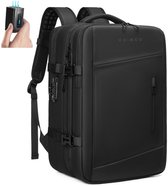 Caimco Trailor Vacuüm Rugzak met Laptopvak & USB Oplaadpoort – 22-46L Uitbreidbare Waterafstotende Handbagage Backpack – Vacuüm Compressiesysteem & TSA-slot – Inclusief Vacuümpompje - Zwart