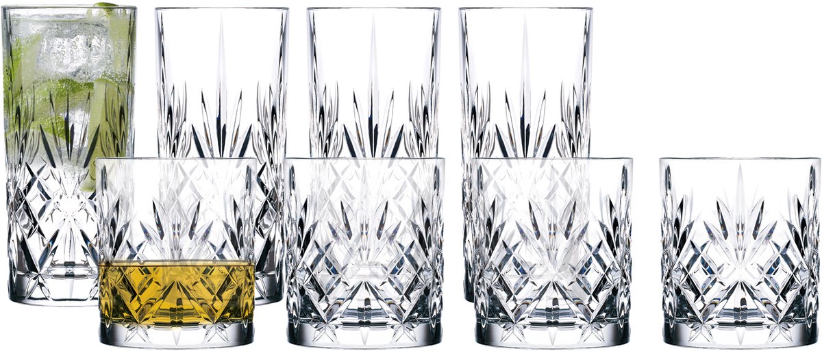 Lyngby Glas Melodia kristal waterglazen, set van 4 whiskyglazen en 4 drink- en cocktailglazen, vaatwasserbestendig