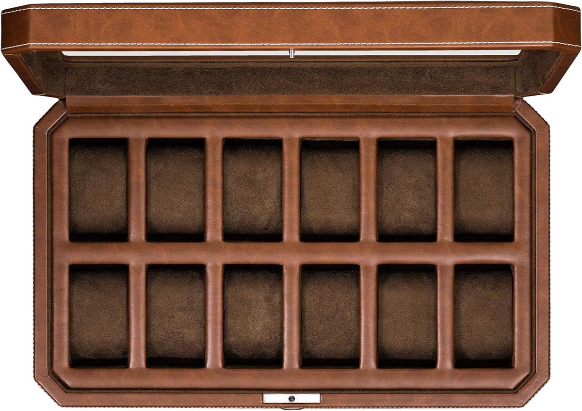 Horlogebox van leer met 12 vakken - Luxe horlogebox display organizer, gevoerd met microvezel, afsluitbare horlogehouder voor heren, opbergbox voor heren, groot glazen blad (bruin)