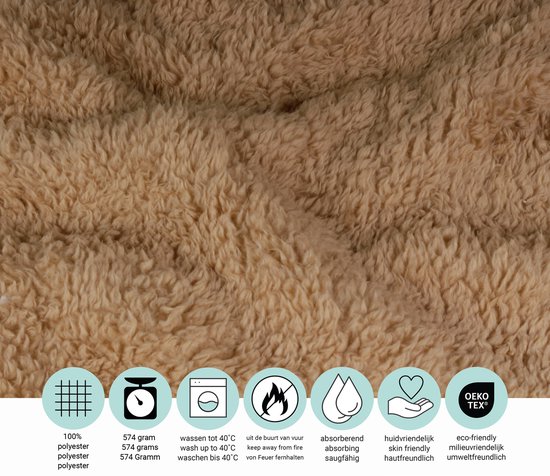 Beige teddy fleece plaid, 100% polyester, 574 gram, wasbaar tot 40°C, huidvriendelijk, milieuvriendelijk.