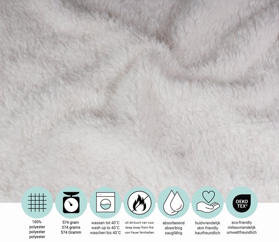 Witte, pluizige teddy fleece stof met icoontjes: 100% polyester, 574 gram, wasbaar tot 40°C, niet in vuur houden, absorberend, huidvriendelijk en eco-friendly.