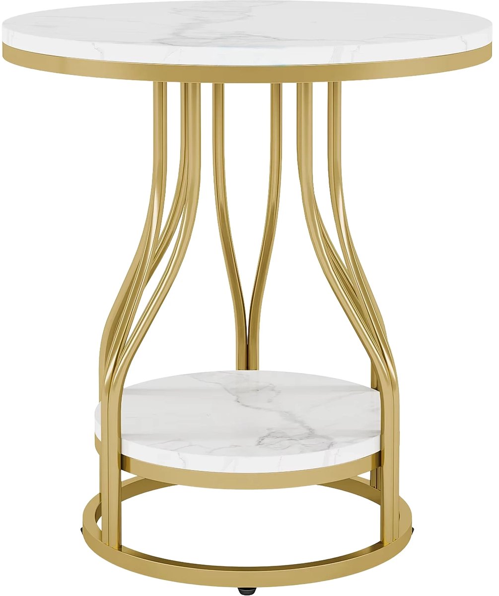 Happiq Moderne Bijzettafel met 2 Lagen - Marmerlook - Goud - Voor woonkamer of slaapkamer - Tafeltje Wit