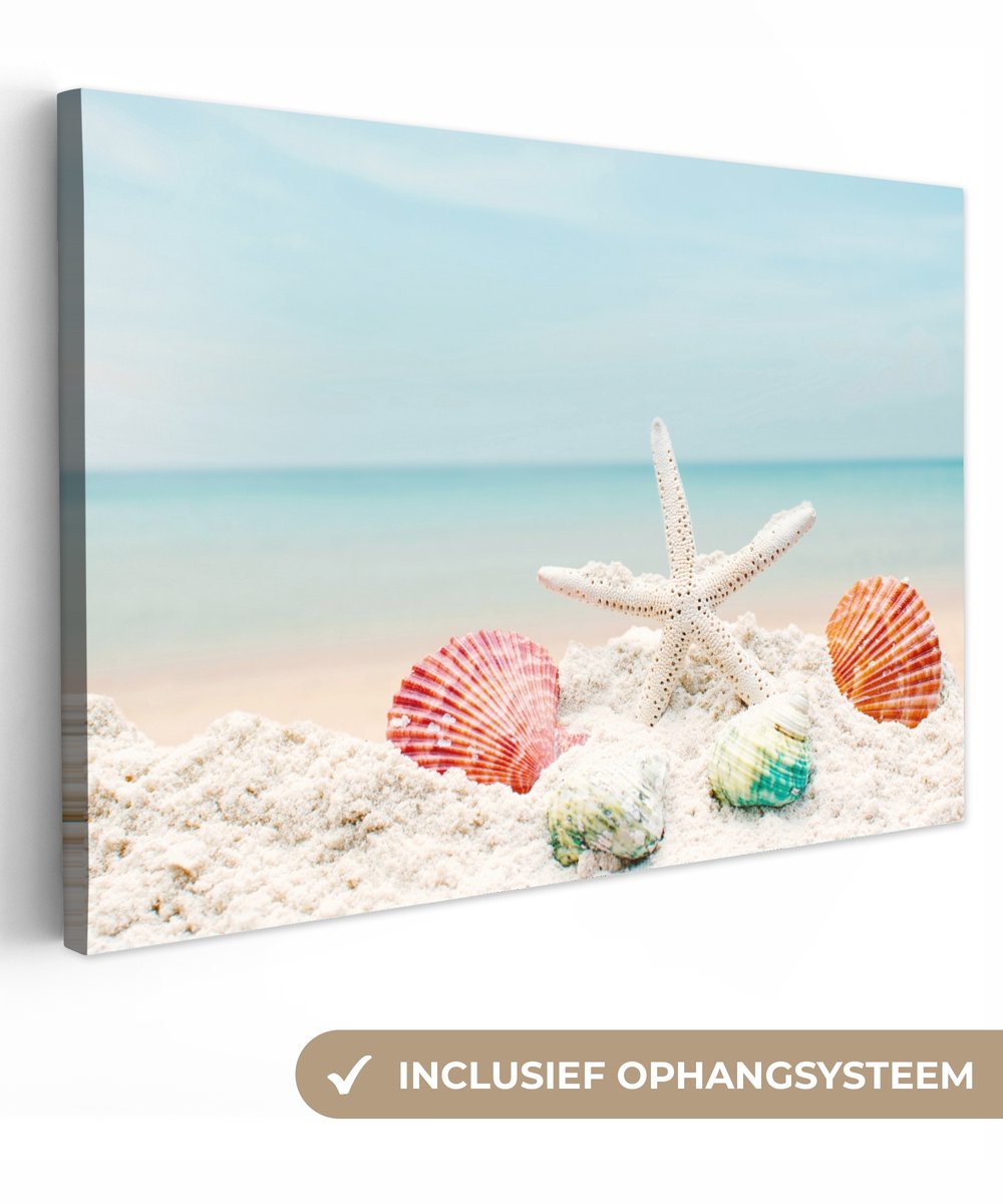 Canvas schilderij 140x90 cm - Wanddecoratie badkamer Strand - Zeester - Schelpen - Zee - M