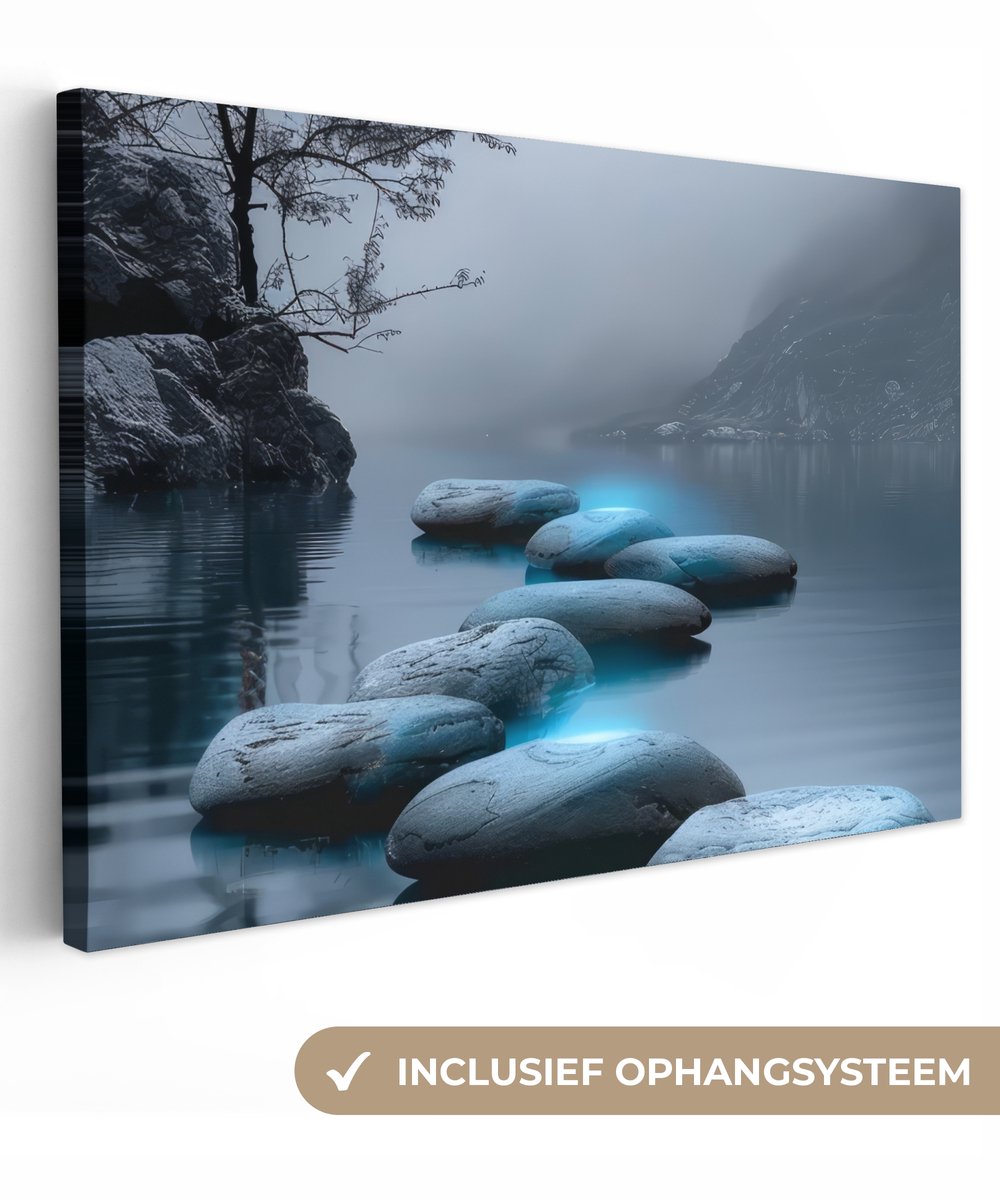Canvas schilderij 60x40 cm - Wanddecoratie badkamer Stenen - Water - Bomen - Natuur - Muur