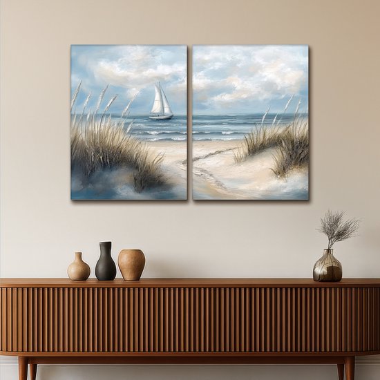 Ensemble de peintures sur toile 120x80 cm - Décoration murale diptyque - Plage - Peinture - Nature - Bateau - Décoration murale murale salon - Décoration chambre - Accessoires chambre - Peintures sur toile
