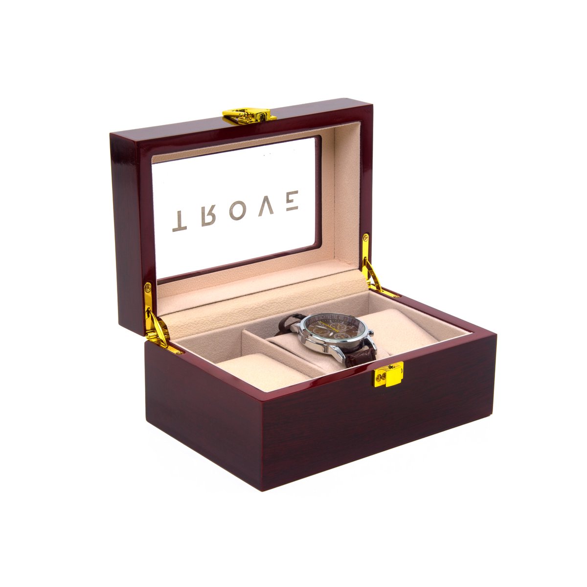 Trove Luxe Horloge Bewaardoos - Houten Opbergdoos rood met Goudaccenten Zachte Binnenkant - 3 Horloges (16,5×11×8 cm)