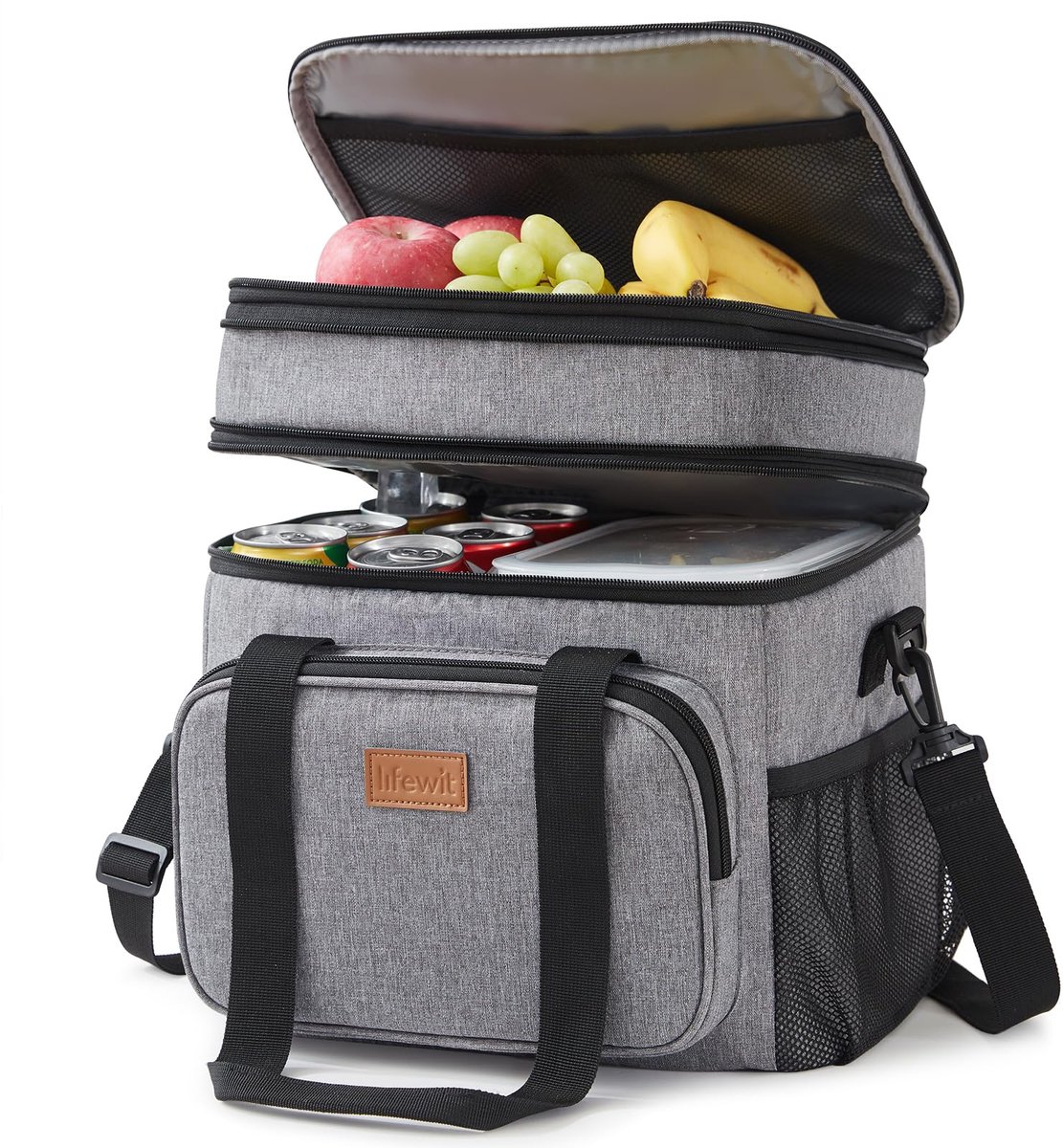 Lunchtas - Dubbeldeks Geïsoleerd Lekvrij Zacht met Schouderriem - Voor Volwassenen Werk Vliegtuig en Reizen - Grijs 21L / 30 Blikjes