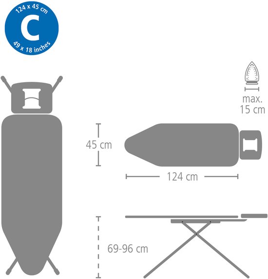 Schematische tekening van een strijkplank met afmetingen in cm en inches.