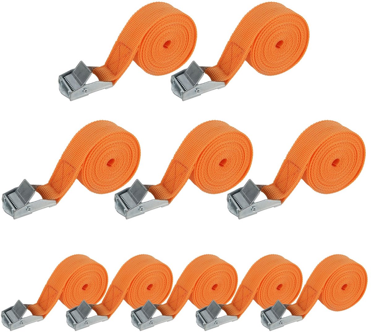 10 Stuks Sjorbanden - Duurzaam met draagvermogen tot 600 lbs - Voor Kajak, Vracht, Bagage, Kanu, Fietsen, Motoren, Vrachtwagens - Oranje - 2,5 cm x 2 m