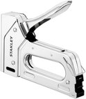 Gedetailleerd zij-aanzicht van de glanzende, metalen Stanley TR110 handtacker.
