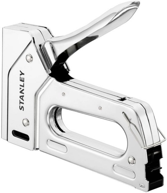 Gedetailleerd zij-aanzicht van de glanzende, metalen Stanley TR110 handtacker.