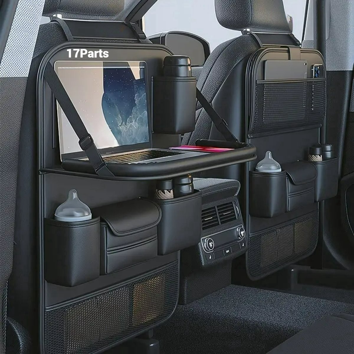 Image of 17 Parts – Luxe Auto Rugleuning Organizer met Inklapbare Tafel – PU Leer – Autostoel Opberger met Telefoonhouder, Drinkflessenclip & Meerdere Vakken – Ideaal voor Kinderen & Reizen – Zwart