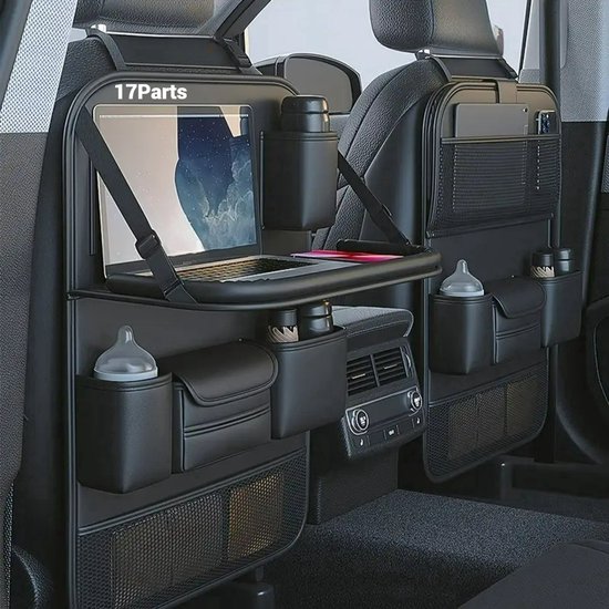17 Parts – Luxe Auto Rugleuning Organizer met Inklapbare Tafel – PU Leer – Autostoel Opberger met Telefoonhouder, Drinkflessenclip & Meerdere Vakken – Ideaal voor Kinderen & Reizen – Zwart