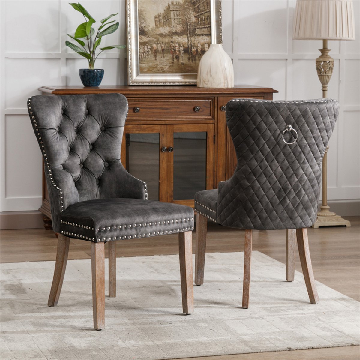 YEHTOKHOME Fluwelen Eetkamerstoelen Set van 2, Keukenstoel Woonkamerstoel met unieke deurklopper op de rugleuning, Gestoffeerde stoel met spijkerkop, Massief houten poten, Velvet bekleding, Grijs