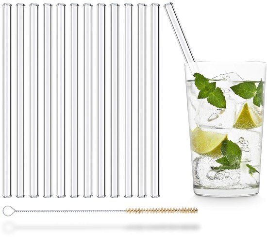 HALM Kleurrijke glazen rietjes 6 stuks 20 cm 6 NEON kleuren voor feest, kinderen plasticvrije schoonmaakborstel - Vaatwasmachinebestendig - Duurzaam - Glazen drinkrietjes voor longdrinks