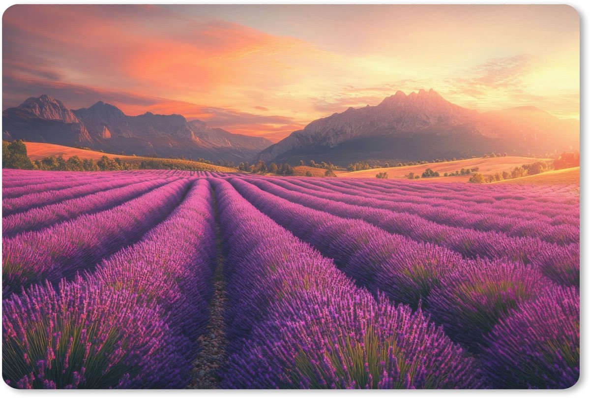 Muismat XXL 120x80 cm - Bureau onderlegger - Bureau mat Lavendelveld - Zonsondergang - Paars - Bureaumat - Gaming mousepad xl - Bureaulegger groot - Computer deskmat