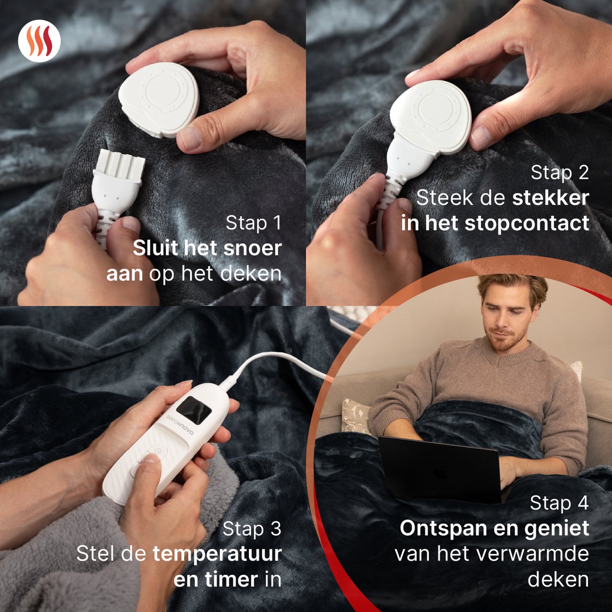 Seranova Elektrische Deken XXL - 180x160 cm - 2 Persoons Bovendeken - Warmtedeken - Dubbelzijdig Fleece Sherpa - Antraciet Grijs – foto 8