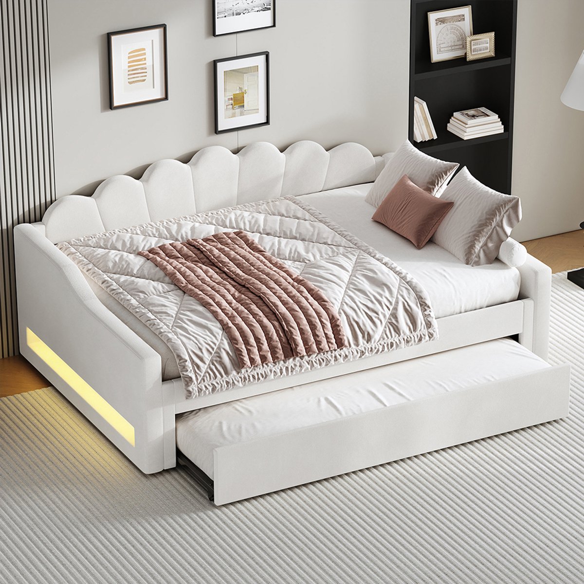 Komhtom Gestoffeerd rustbed 140 x 200 cm met ledstrip en uitschuifbaar bed, beige